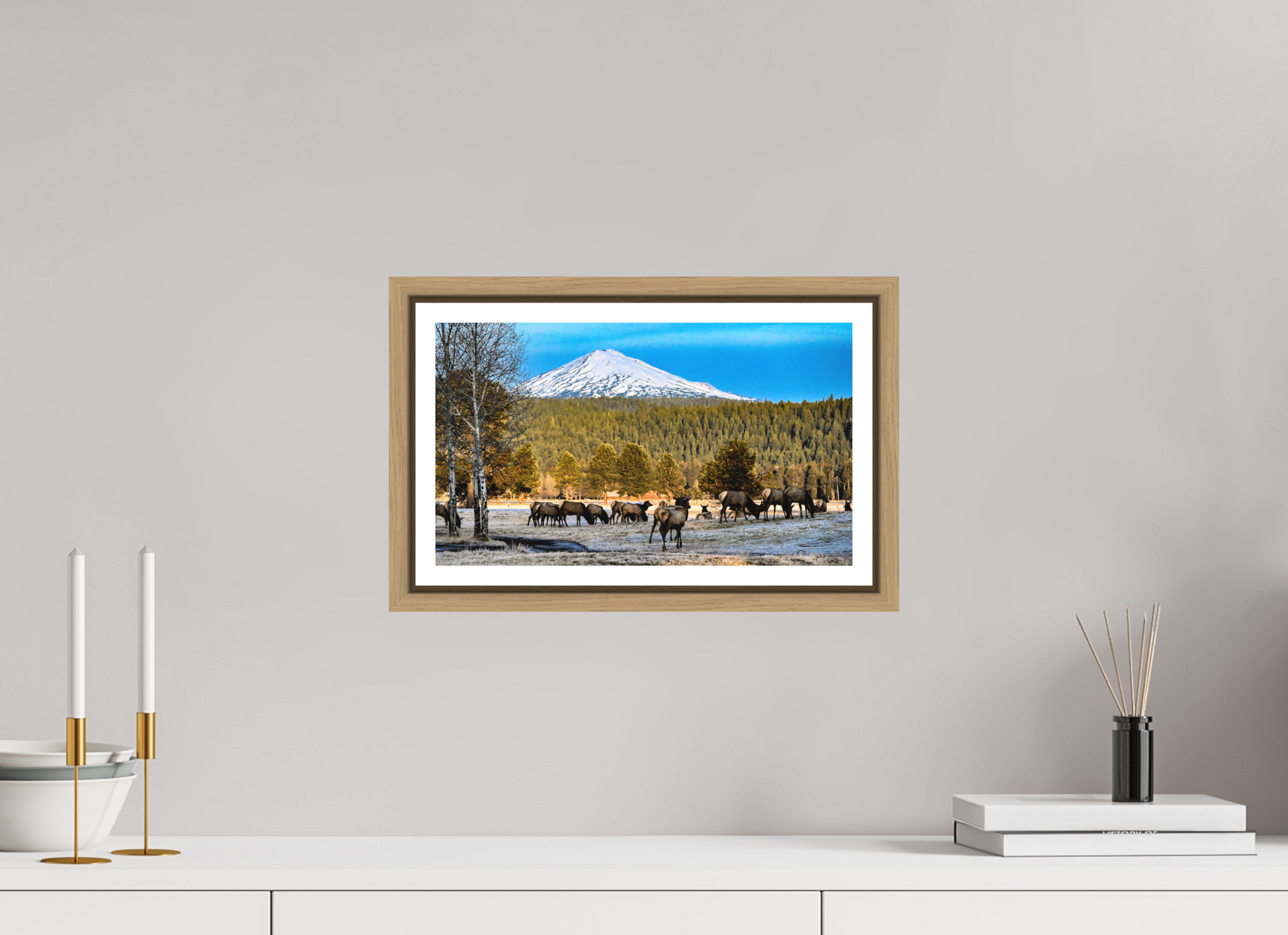 13.9 x 8″, Birch Frame Matte Glass Elk under Mt. Bachelor