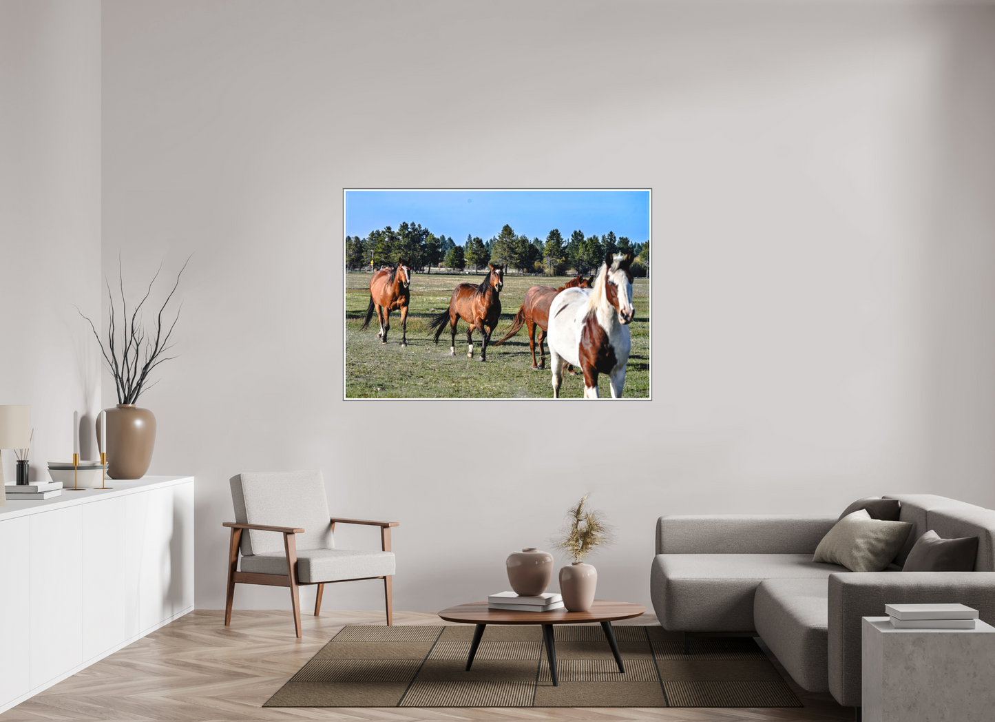 63 x 43″, Silver Fram Acrylic Sunriver Horses