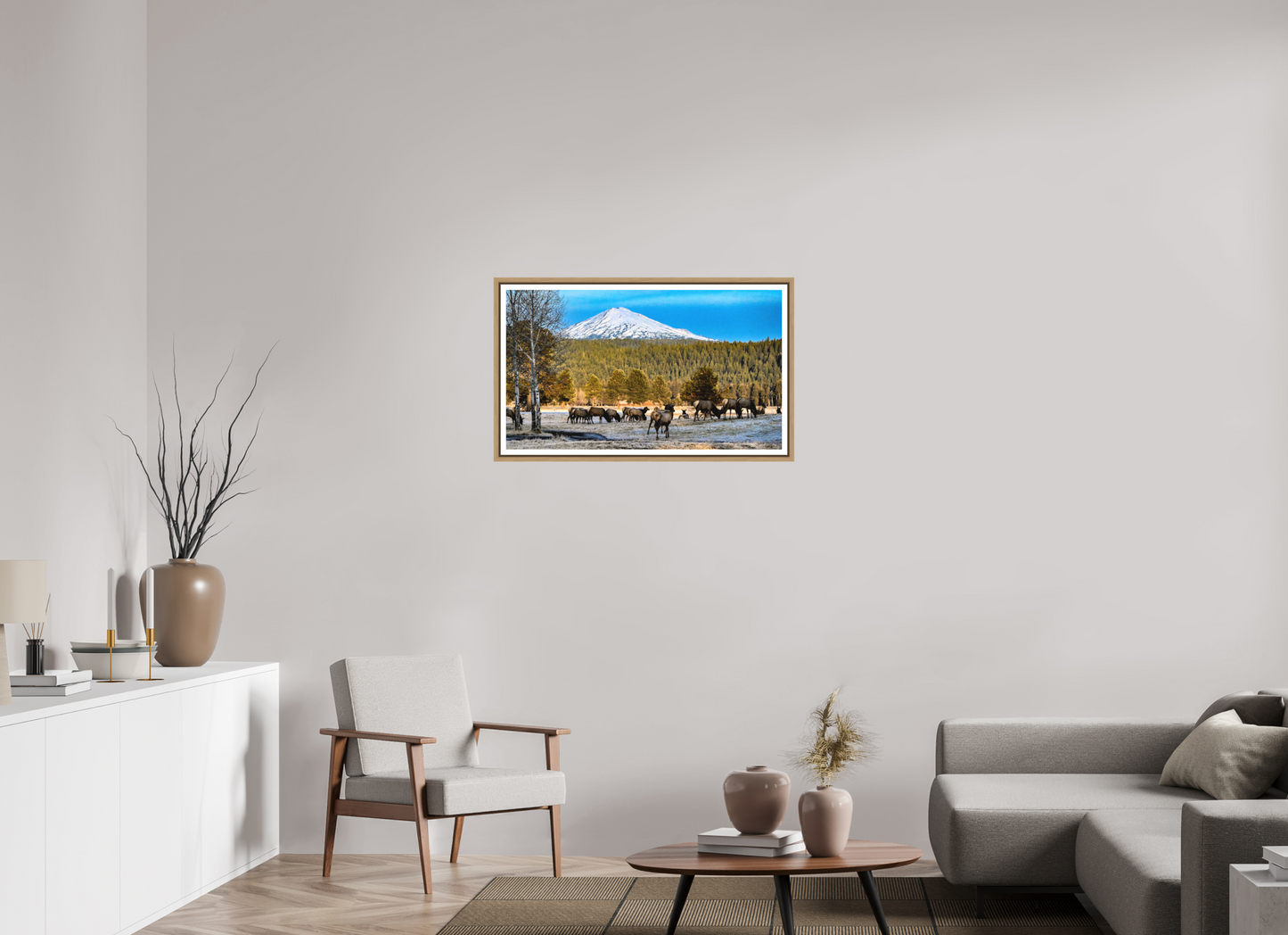 34.8 x 20″, Birch Frame Matte Glass Elk under Mt. Bachelor