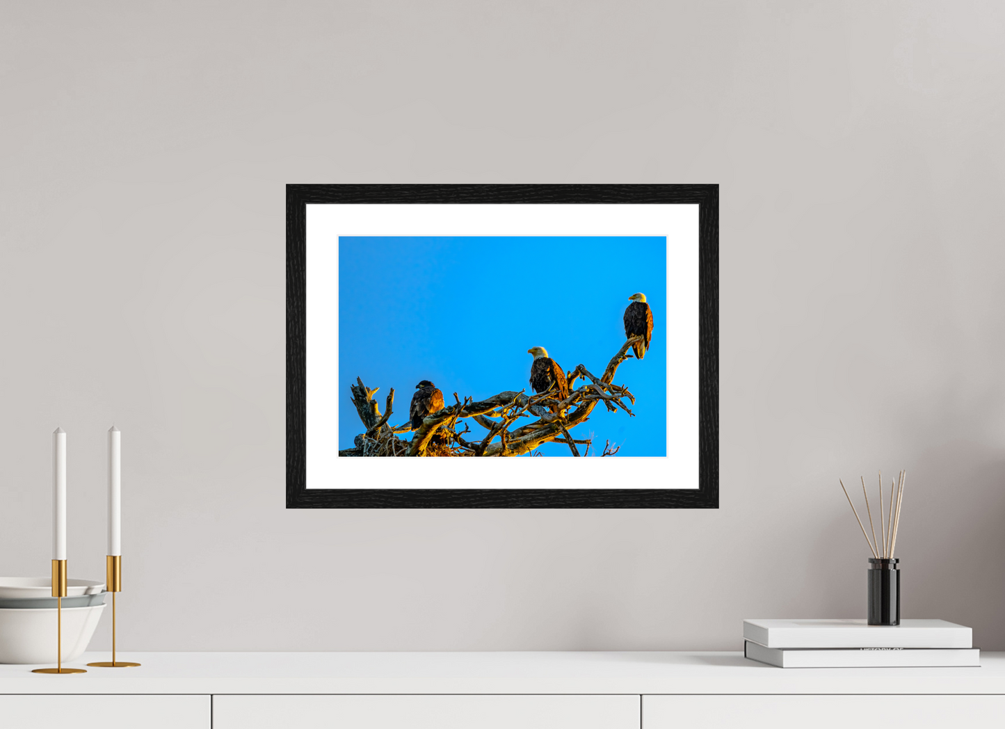 14.7 x 10″, Black Frame Low 2 Eagles three