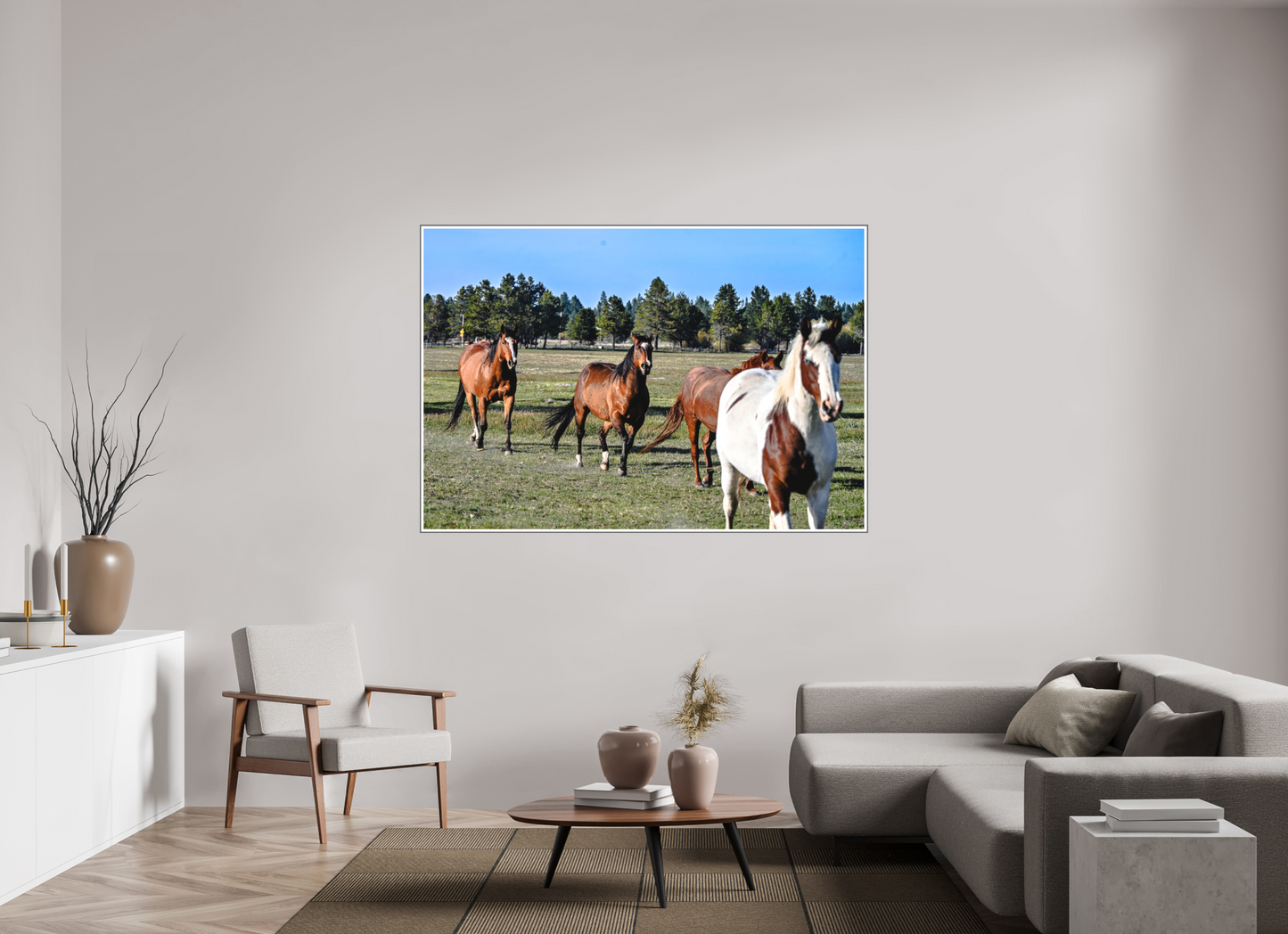 68.9 x 47″, Silver Fram Acrylic Sunriver Horses