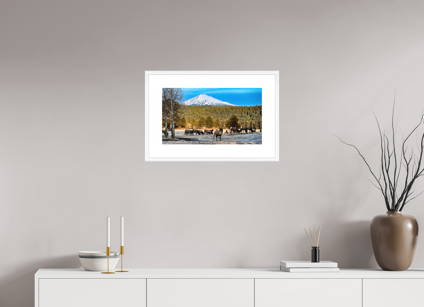 20.9 x 12″, Print under glass Majestic Elk Beneath the Winter Peak