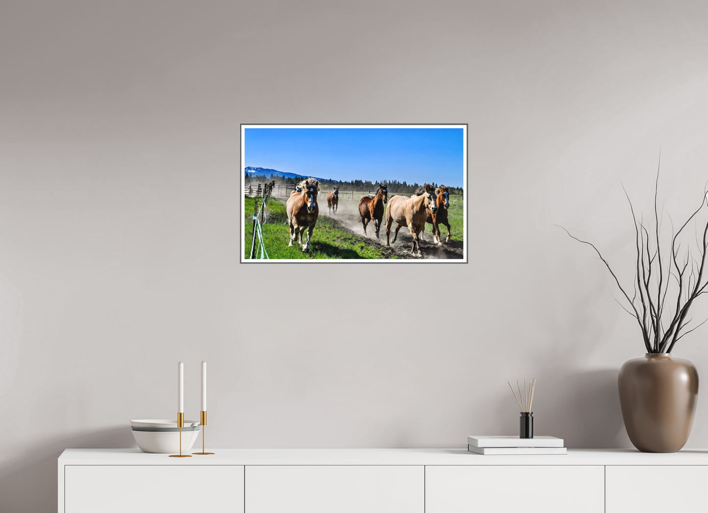 26.7 x 16″, Silver Fram Acrylic Sunriver Horses