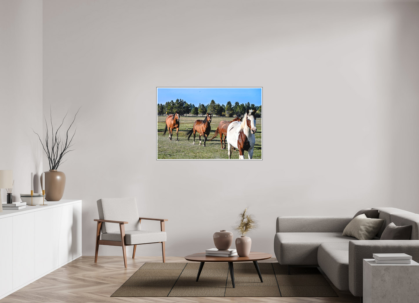 51.3 x 35″, Silver Fram Acrylic Sunriver Horses