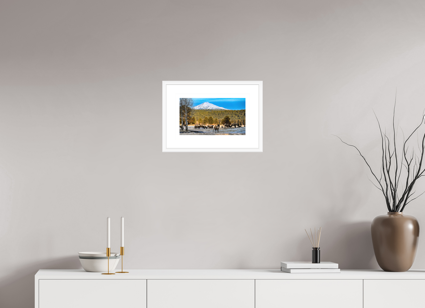 13.9 x 8″, Print under glass Majestic Elk Beneath the Winter Peak
