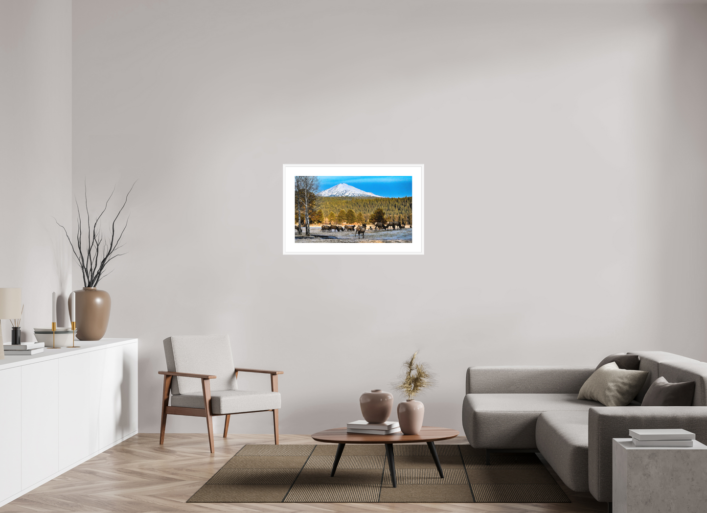 34.8 x 20″, Print under glass Majestic Elk Beneath the Winter Peak