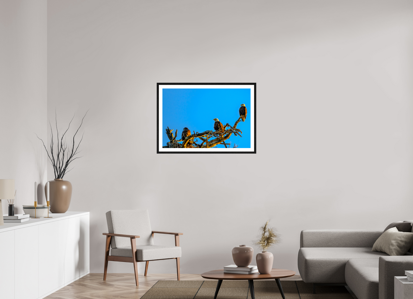 35.3 x 24″, Black Frame Low 2 Eagles three