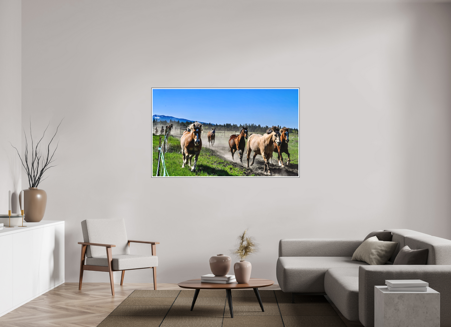 65.1 x 39″, Silver Fram Acrylic Sunriver Horses