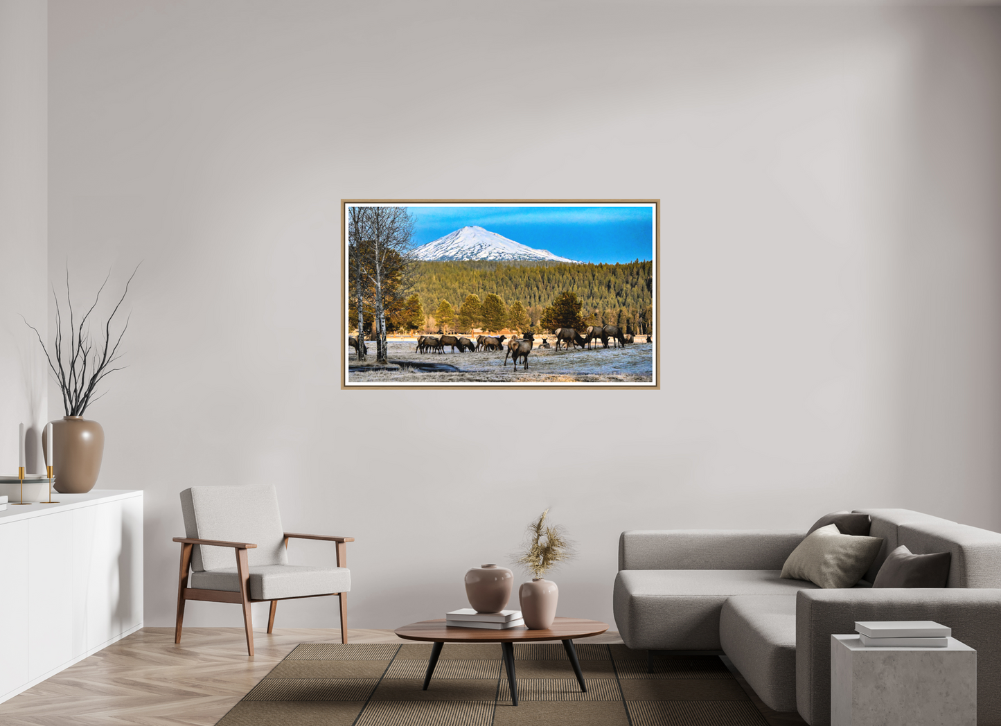 60.8 x 35″, Birch Frame Matte Glass Elk under Mt. Bachelor