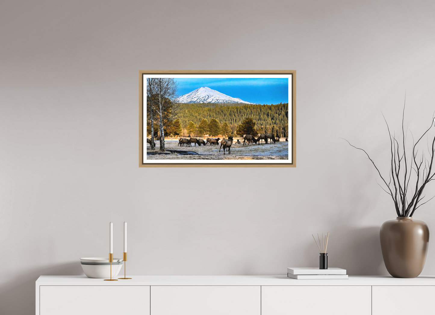 27.8 x 16″, Birch Frame Matte Glass Elk under Mt. Bachelor