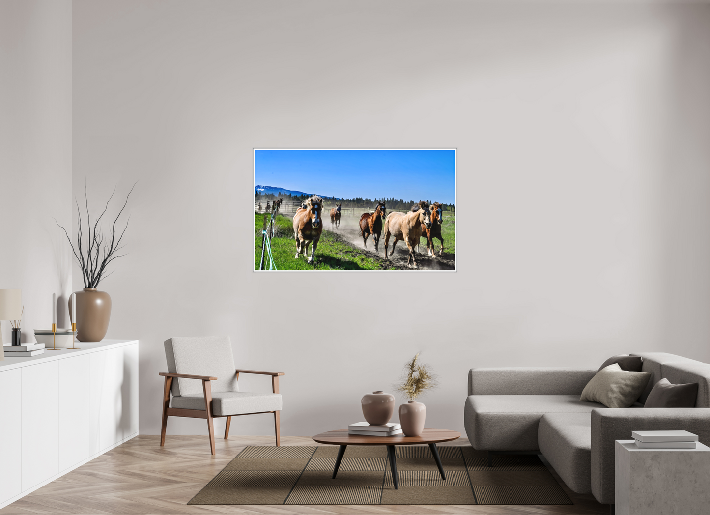 58.4 x 35″, Silver Fram Acrylic Sunriver Horses