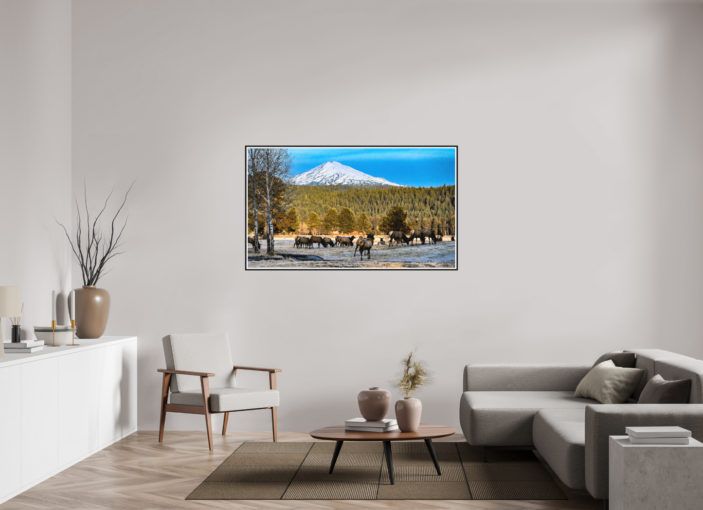 60.8 x 35″, Photo Print Under Matte Glass Majestic Elk Beneath the Winter Peak
