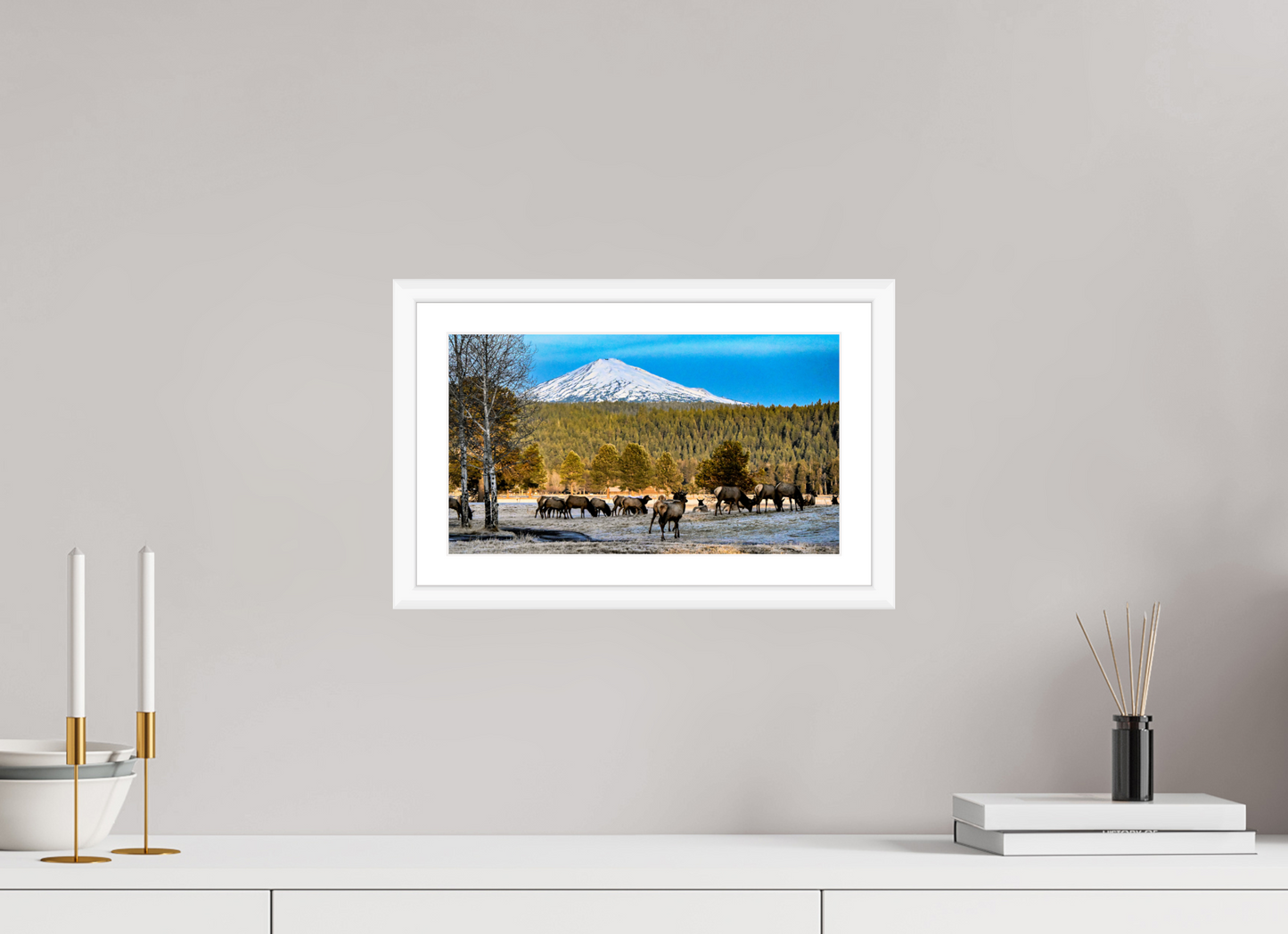 13.9 x 8″, Elk Print Elk under Mt. Bachelor