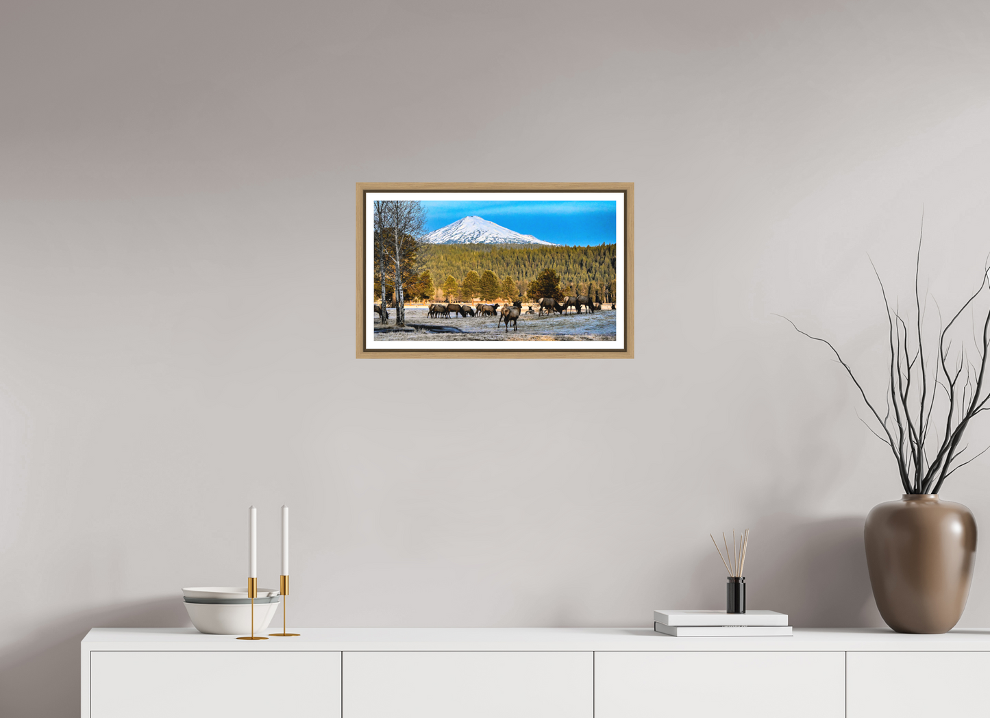 20.9 x 12″, Birch Frame Matte Glass Elk under Mt. Bachelor