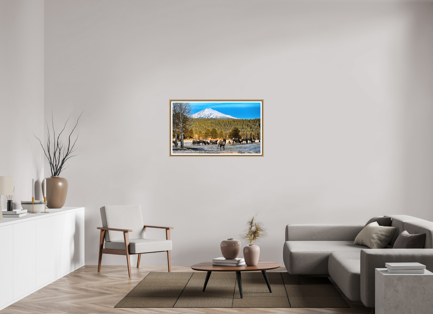 41.7 x 24″, Birch Frame Matte Glass Elk under Mt. Bachelor