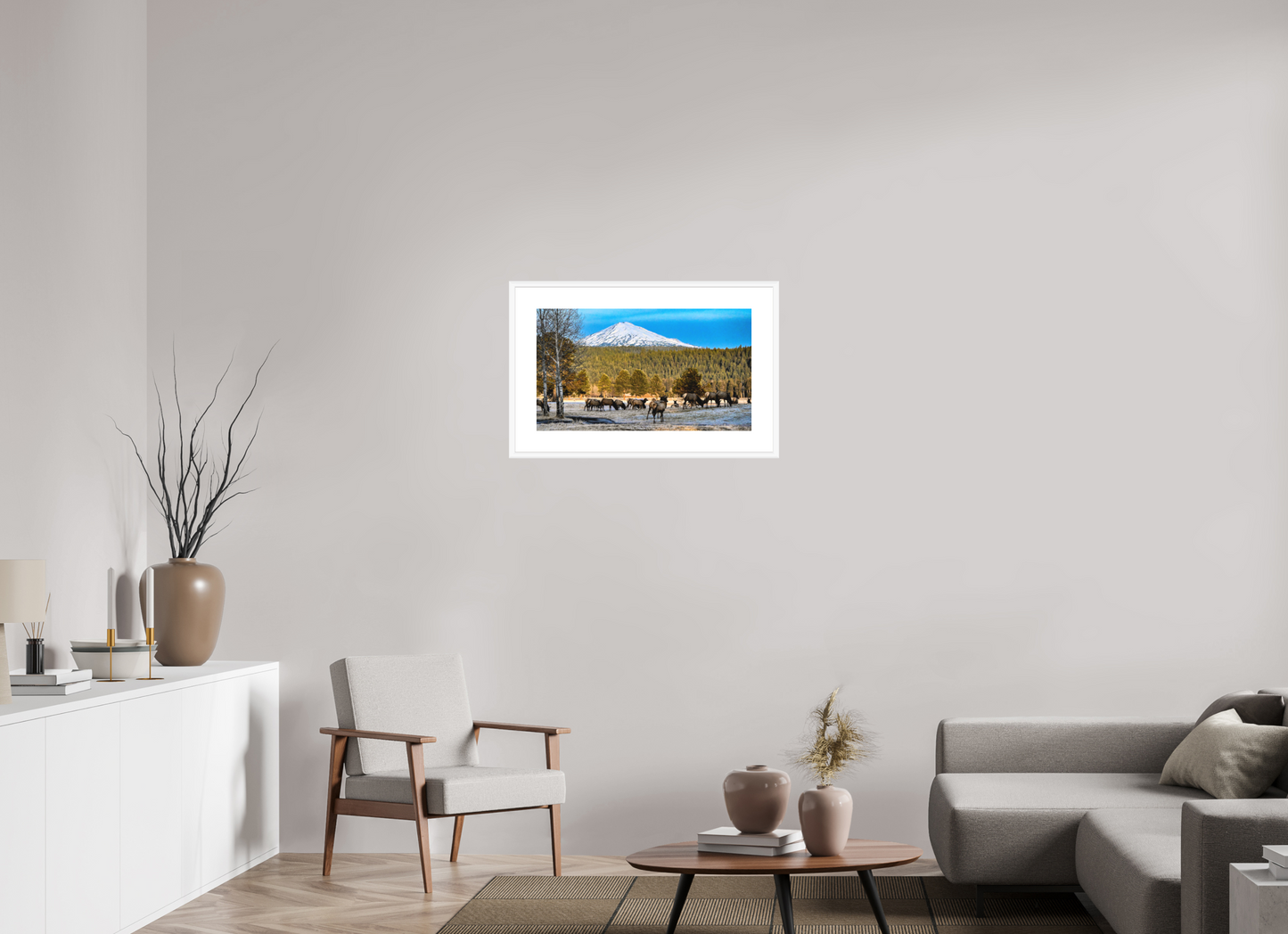27.8 x 16″, Print under glass Majestic Elk Beneath the Winter Peak