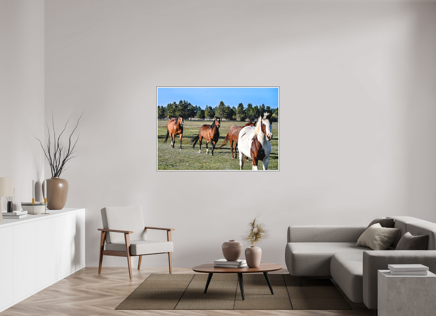 57.2 x 39″, Silver Fram Acrylic Sunriver Horses