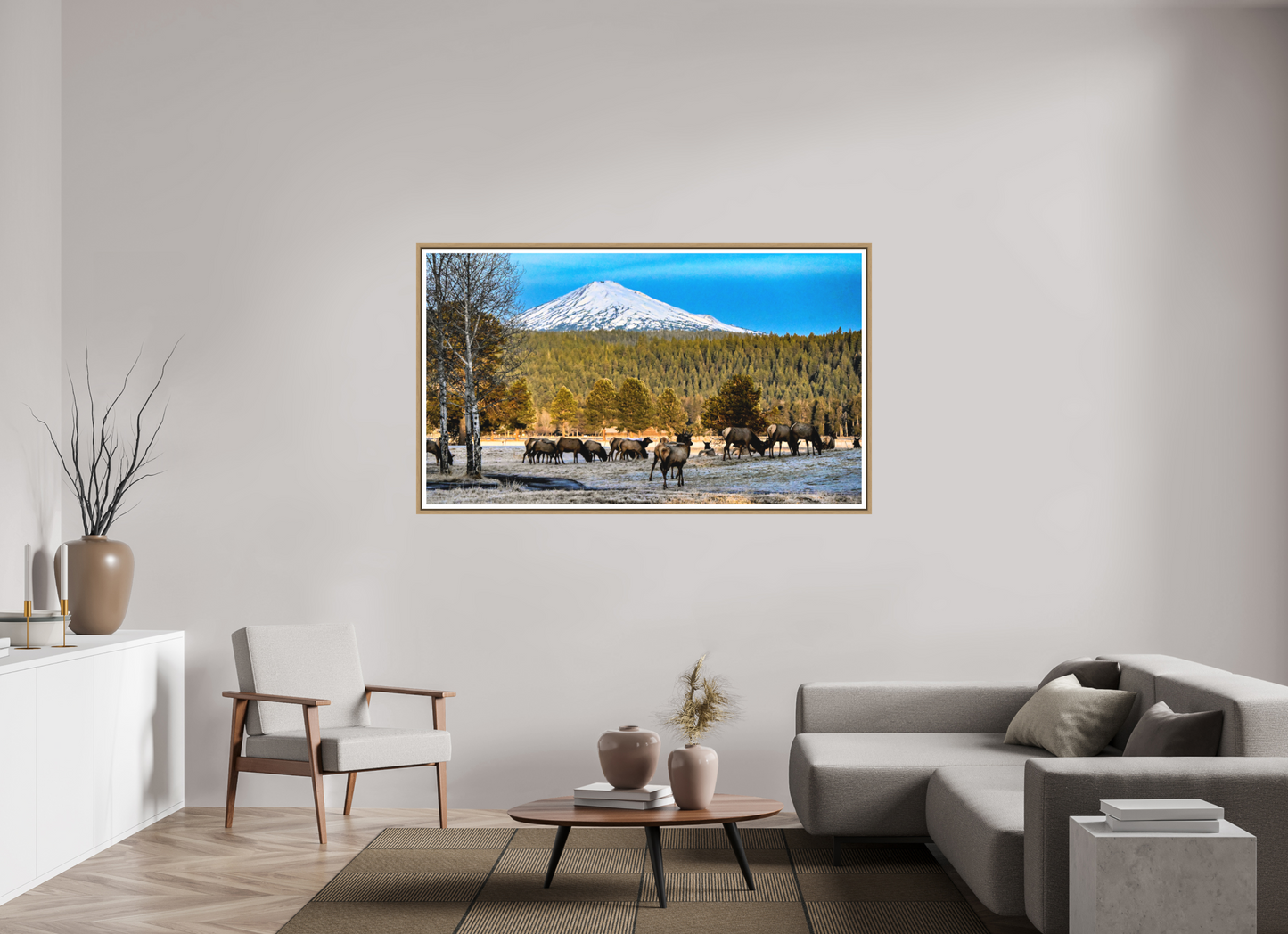 67.8 x 39″, Birch Frame Matte Glass Elk under Mt. Bachelor